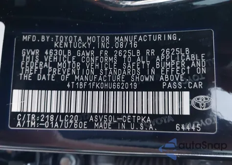 2017 Toyota Camry Xse из США, поврежденный, VIN 4T1BF1FK0HU662019